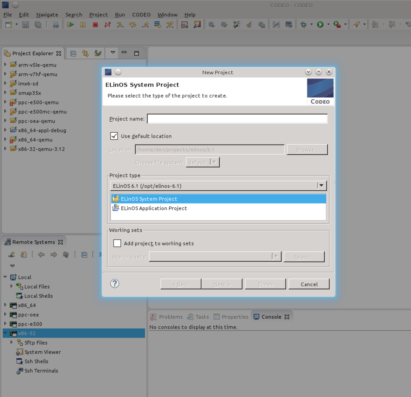 ELinOS project window in CODEO IDE